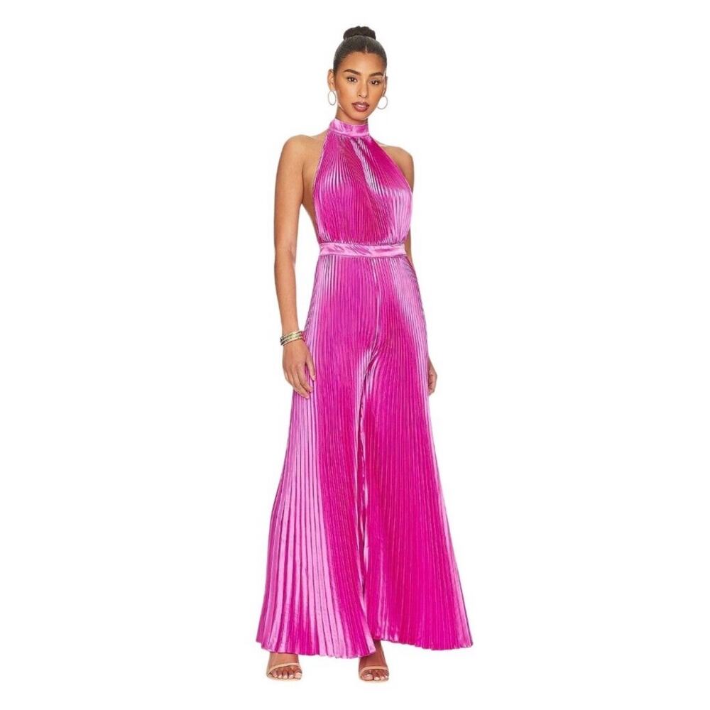 High-Neck Pink Pleated Wide-Leg Jumpsuit